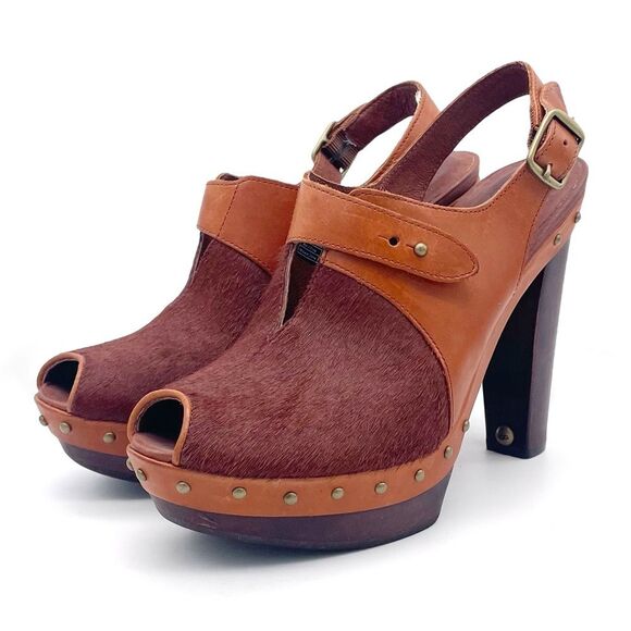 UGG Nicco Leather Calf Hair Platform Peep Toe Slingback Sandal Brown Size 8.5 - Picture 5 of 16